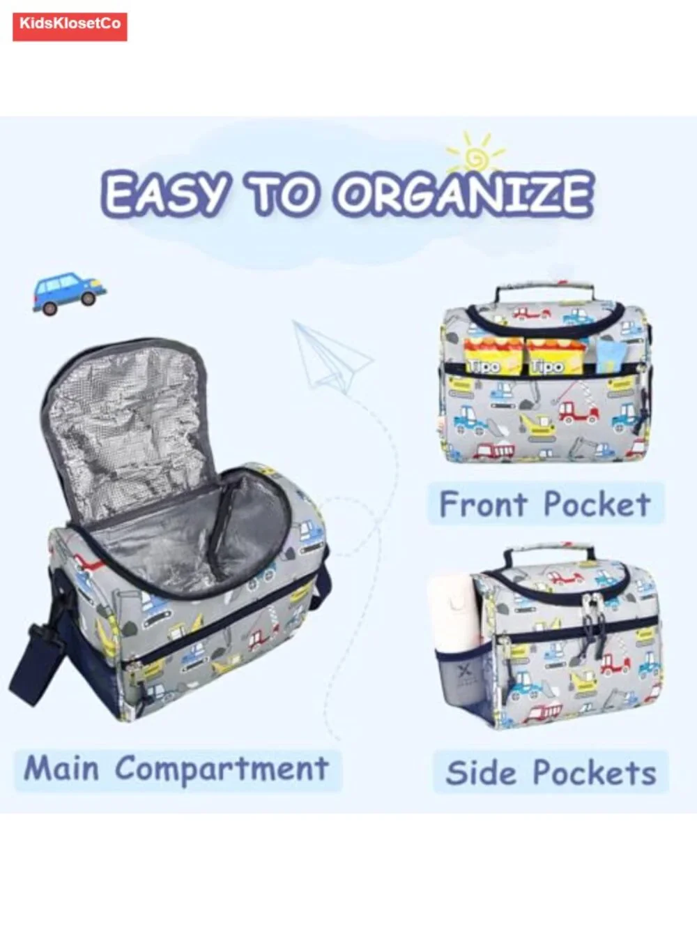Insulated Lunch Box with Strap and Bottle Holder for Toddler